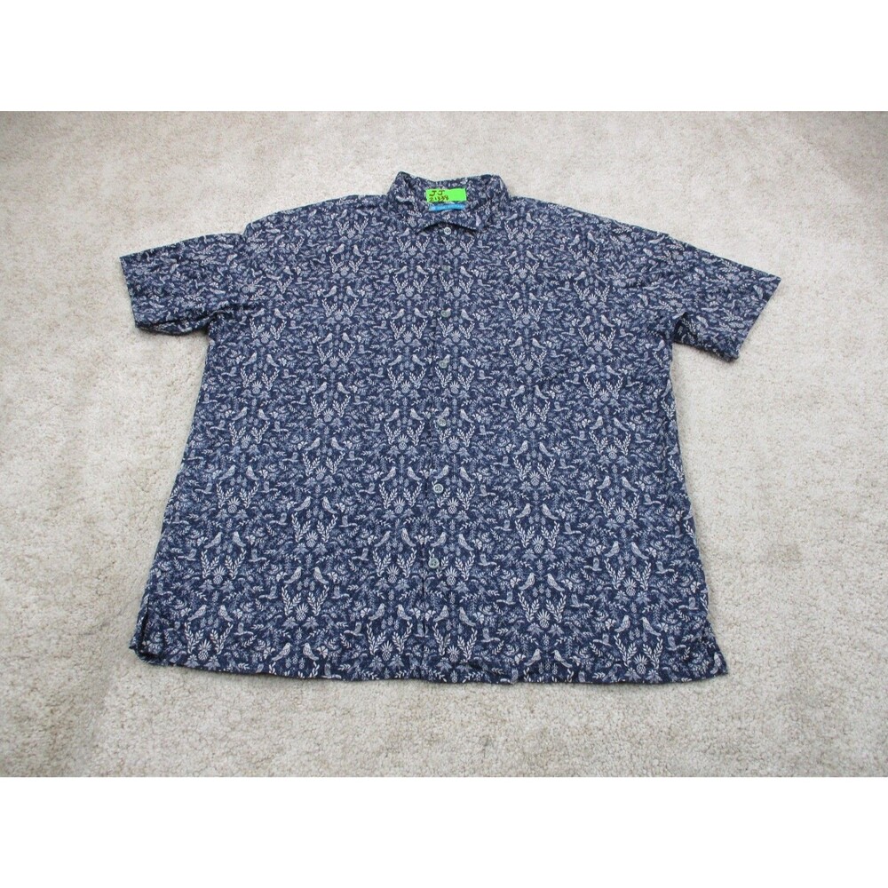 Tori Richard Shirt Men Large Blue White Print Cotton Lawn Hawaiian Button Up USA
